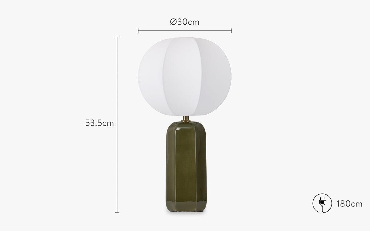 dimensions lampe agathe céramique vert mousse et tissu blanc